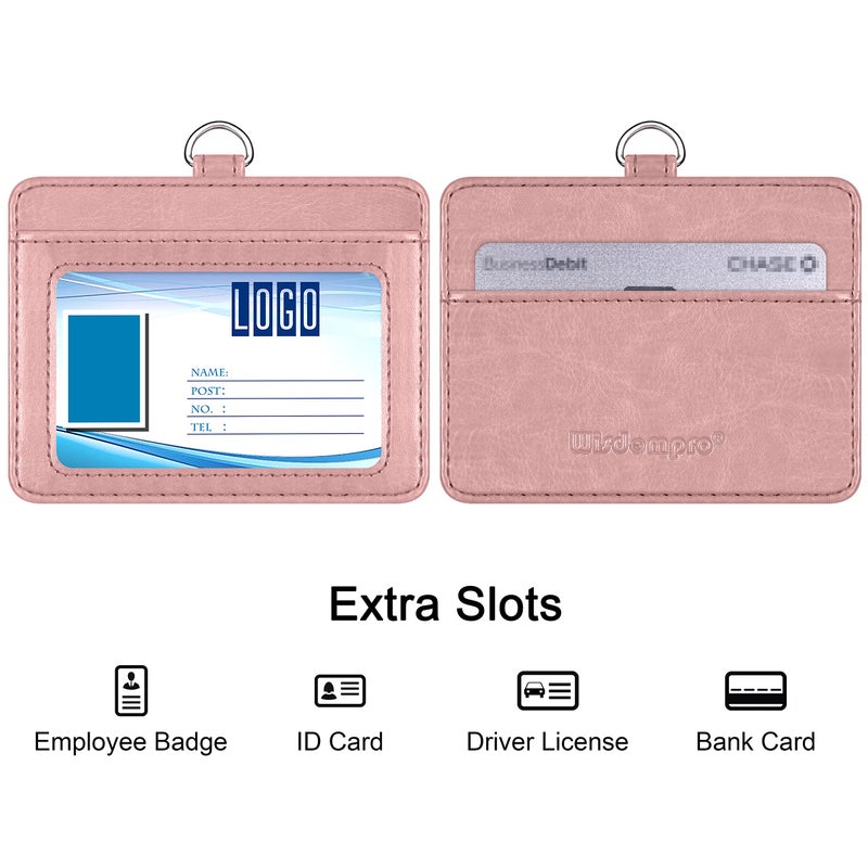 Wisdompro 2-Sided PU Leather ID Badge Holder with 1 ID Window and 1 Card Slot and 1 Piece 22 Inch Polyester Detachable Neck Lanyard Strap (Holds 3 to 4 Cards) - Horizontal (Rose Gold) - Image 2